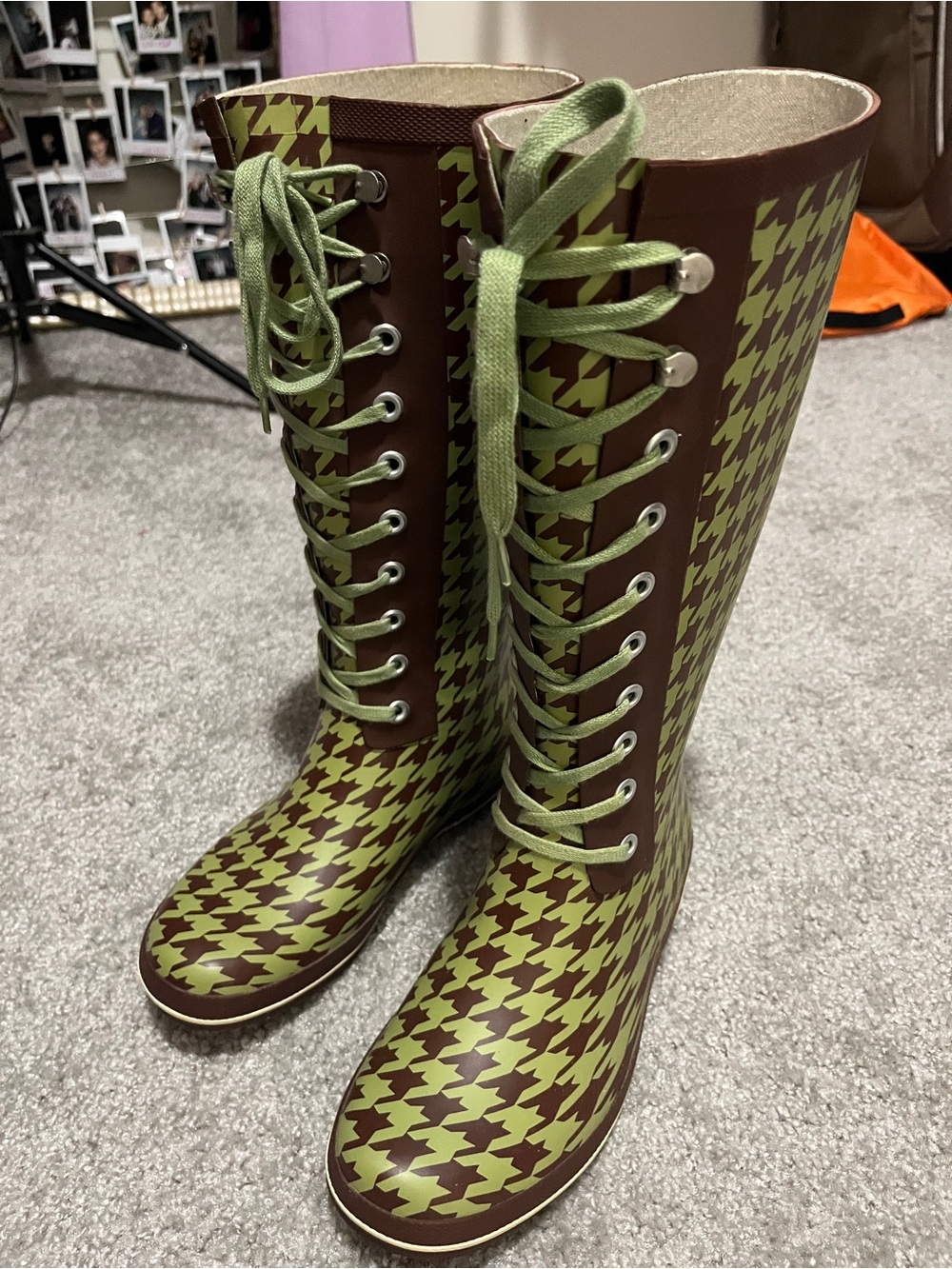 Green Houndstooth Lace-Up Women's Rain Boots